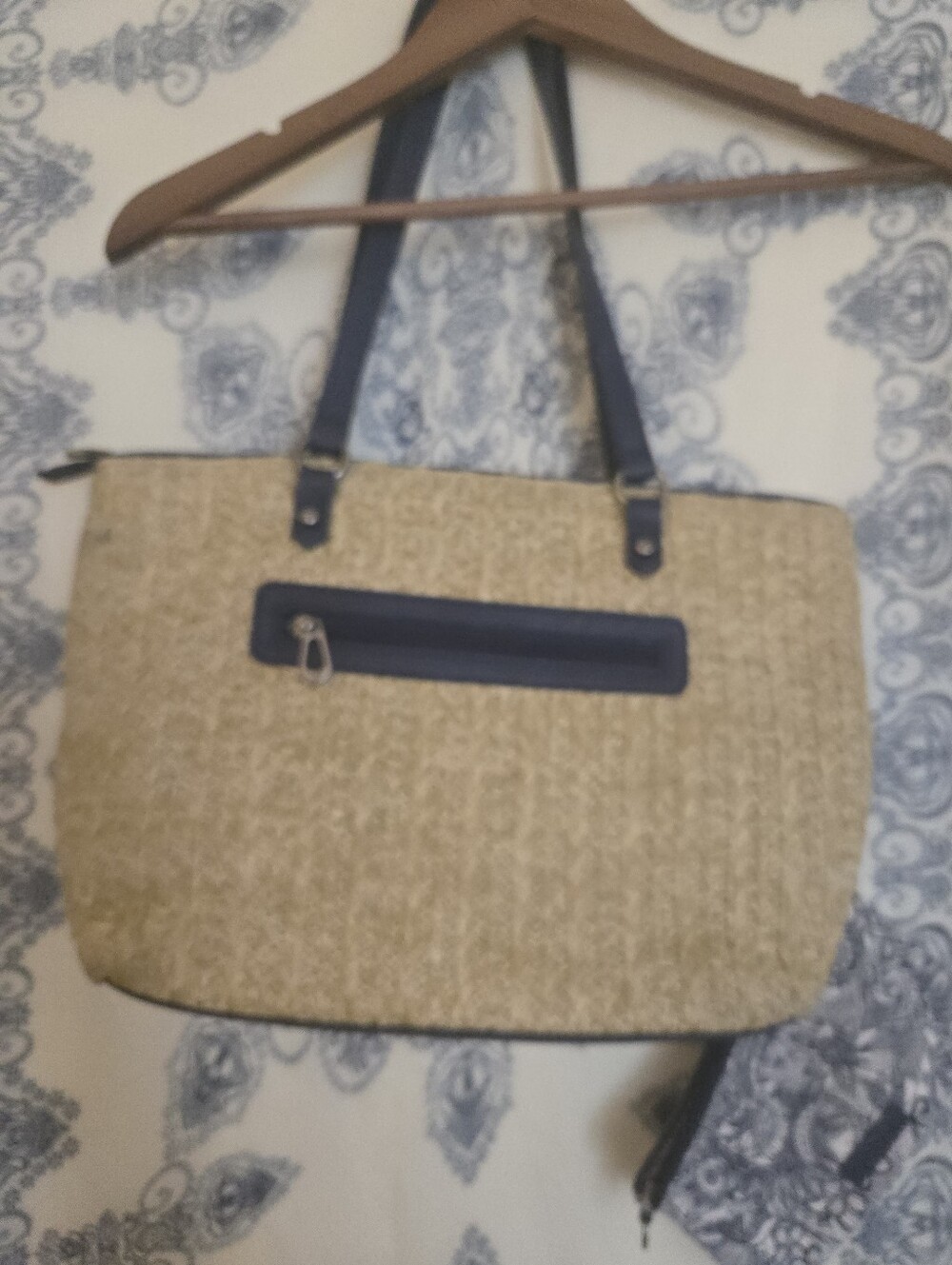 Sakroots Navy Floral Woven Straw Raffia Tote Bag w/ Matching Wristlet Boho Purse - Picture 8 of 15